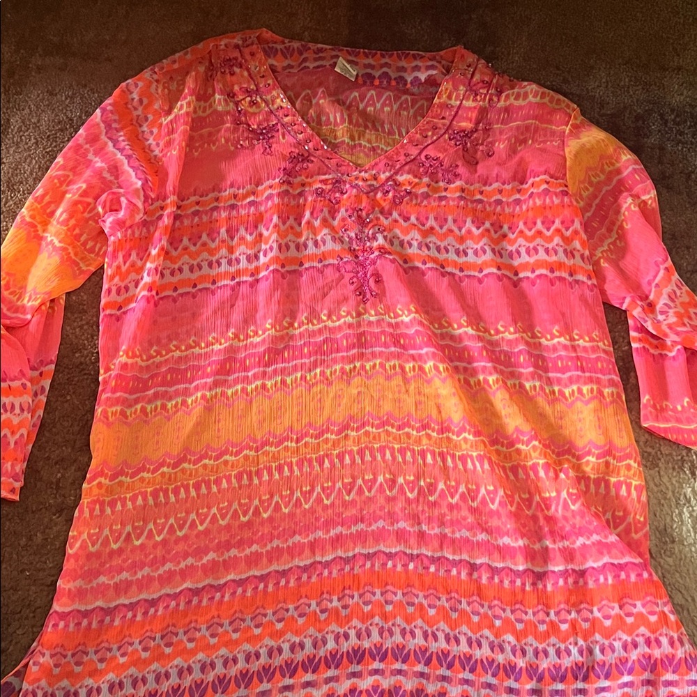 Vibrant Pink and Orange Patterned Coverup with Embellished V Neck